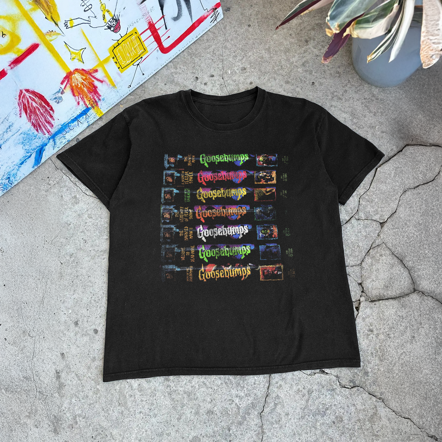 RETRO 'GOOSEBUMPS' SPINE STACK VINTAGE WASHED BLACK TEE