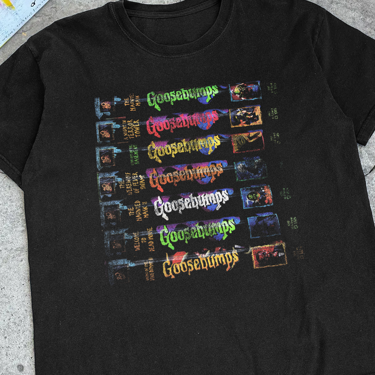RETRO 'GOOSEBUMPS' SPINE STACK VINTAGE WASHED BLACK TEE