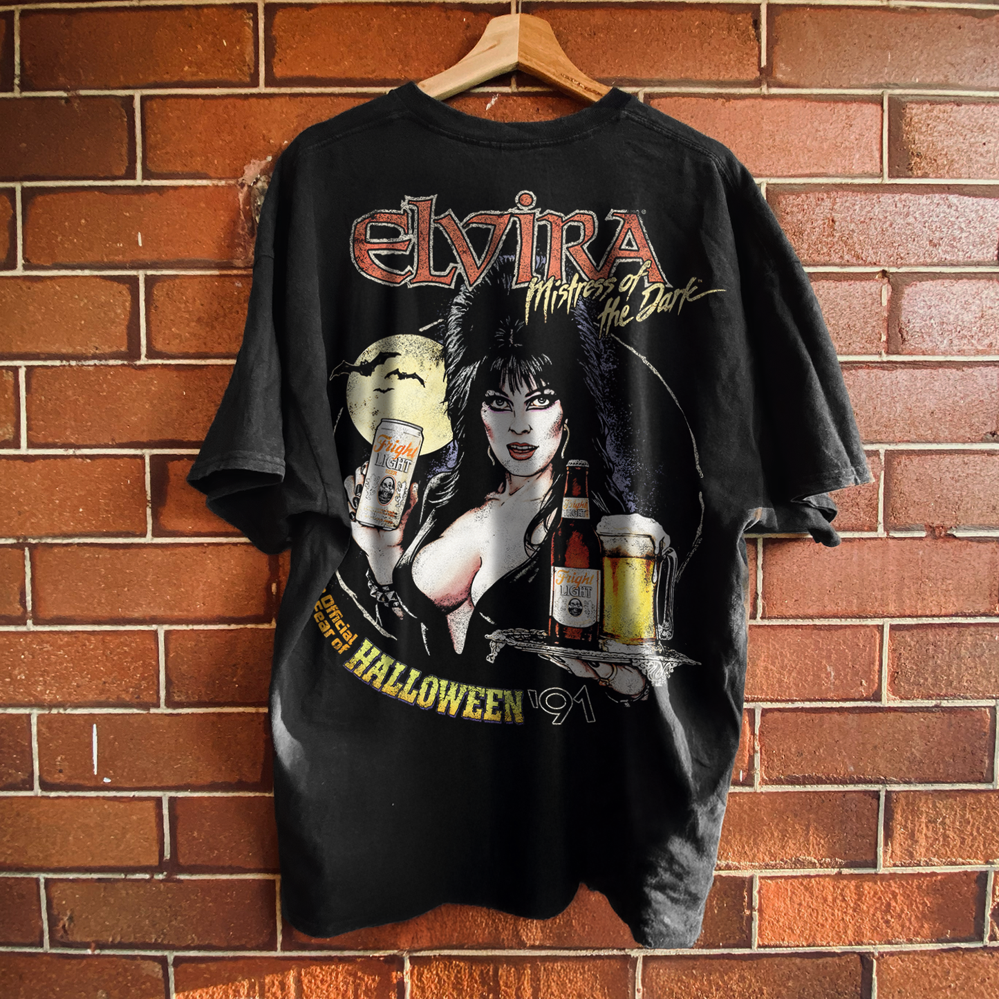 1991 ELVIRA 'FRIGHT LIGHT' VINTAGE BEER VINTAGE WASHED BLACK TEE