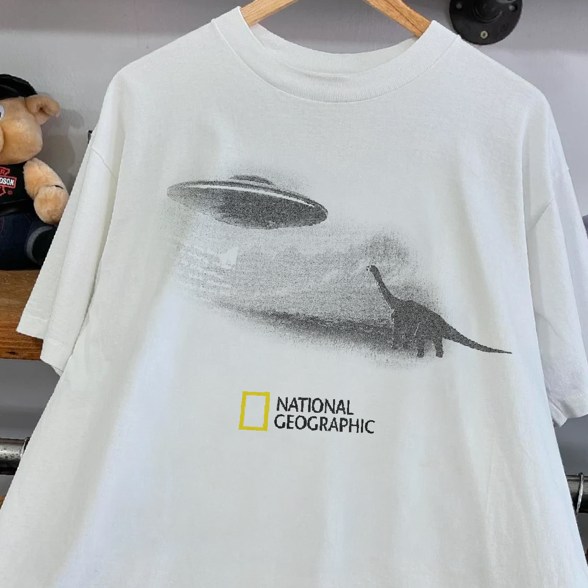 Rare Nat Geo Dino UFO Parody Washed White Tee
