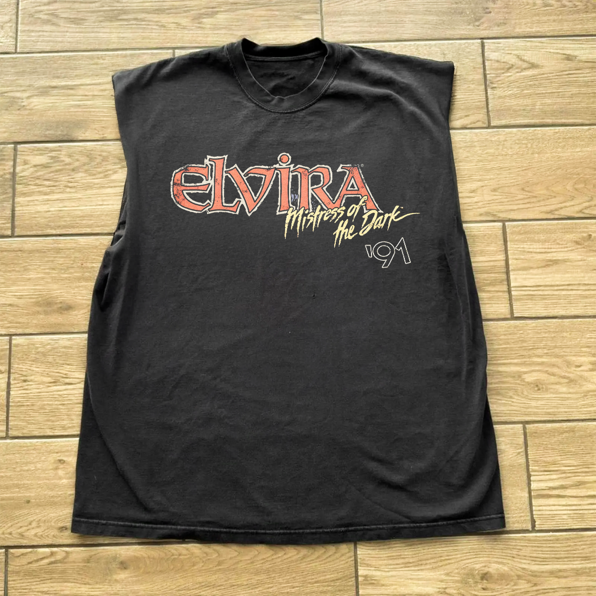 1991 ELVIRA 'FRIGHT LIGHT' VINTAGE BEER WASHED BLACK CUT-OFF TEE
