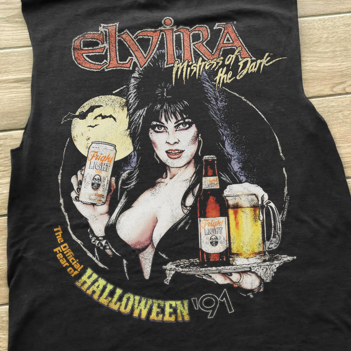 1991 ELVIRA 'FRIGHT LIGHT' VINTAGE BEER WASHED BLACK CUT-OFF TEE