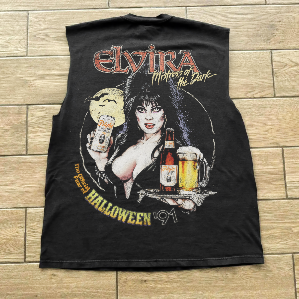 1991 ELVIRA 'FRIGHT LIGHT' VINTAGE BEER WASHED BLACK CUT-OFF TEE