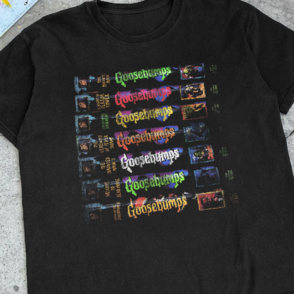 RETRO 'GOOSEBUMPS' SPINE STACK VINTAGE WASHED BLACK TEE