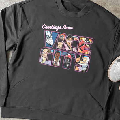 'GREETINGS FROM VICE CITY' BLACK CREWNECK SWEATER