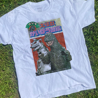 70S Graphic 'Godzilla Vs Mechagodzilla' Vintage Washed White Tee