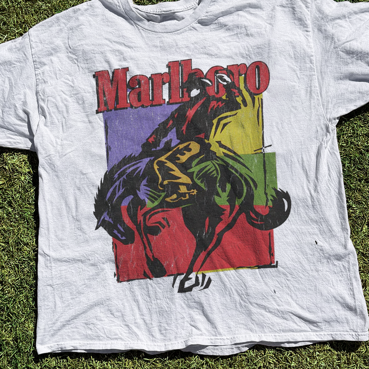 Vintage 90s Marlboro Bold Cowboy Ride Vintage White T-Shirt – Parallel Vintage 90s Marlboro Bold Cowboy Ride Vintage White T-Shirt – Parallel