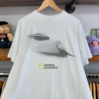Rare Nat Geo Dino UFO Parody Washed White Tee