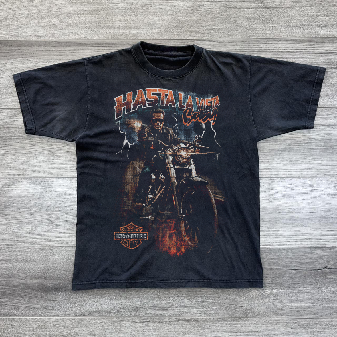 HASTA LA VISTA BABY WASHED BLACK T-SHIRT