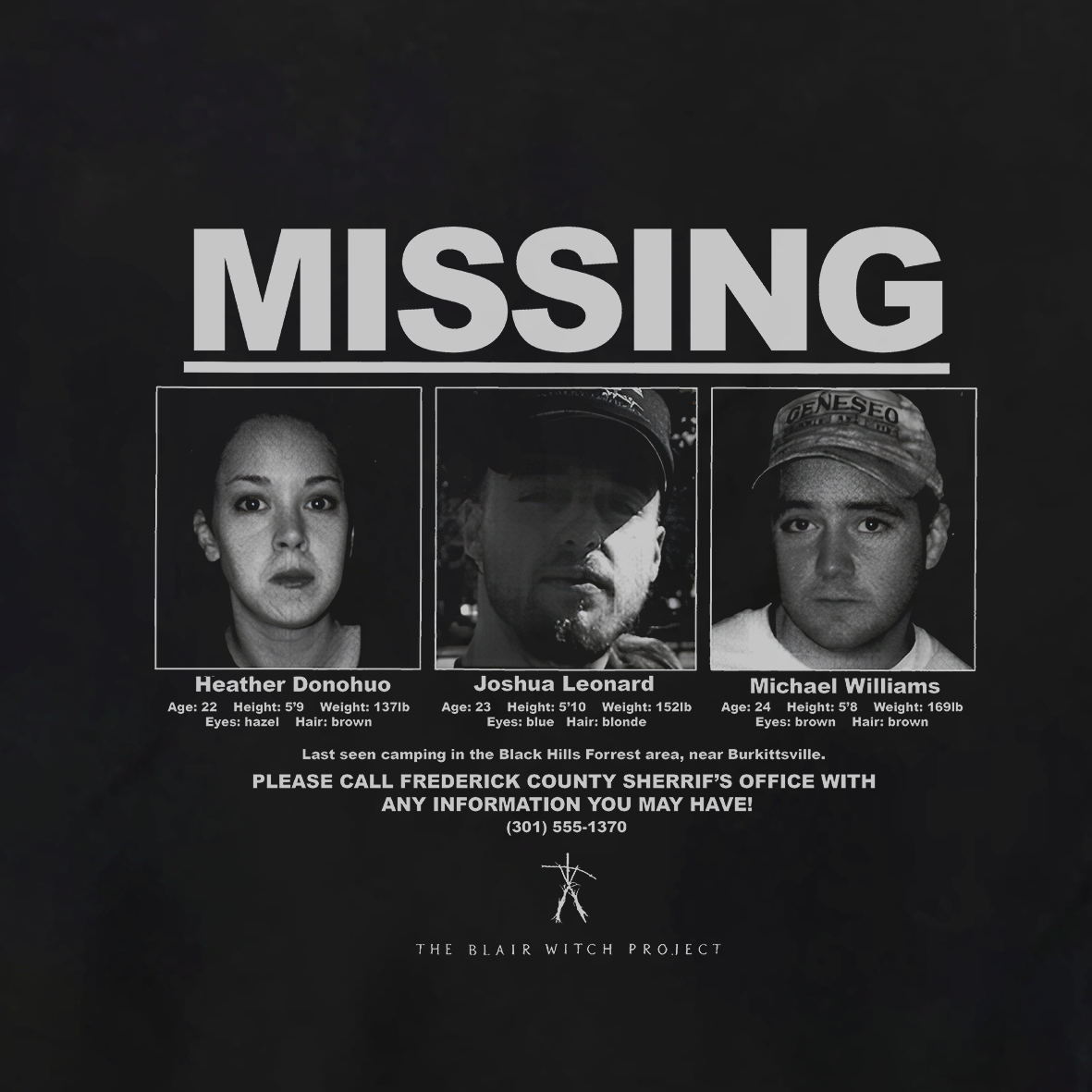 BLAIR WITCH PR0JECT "MISSING" BLACK WASHED T-SHIRT