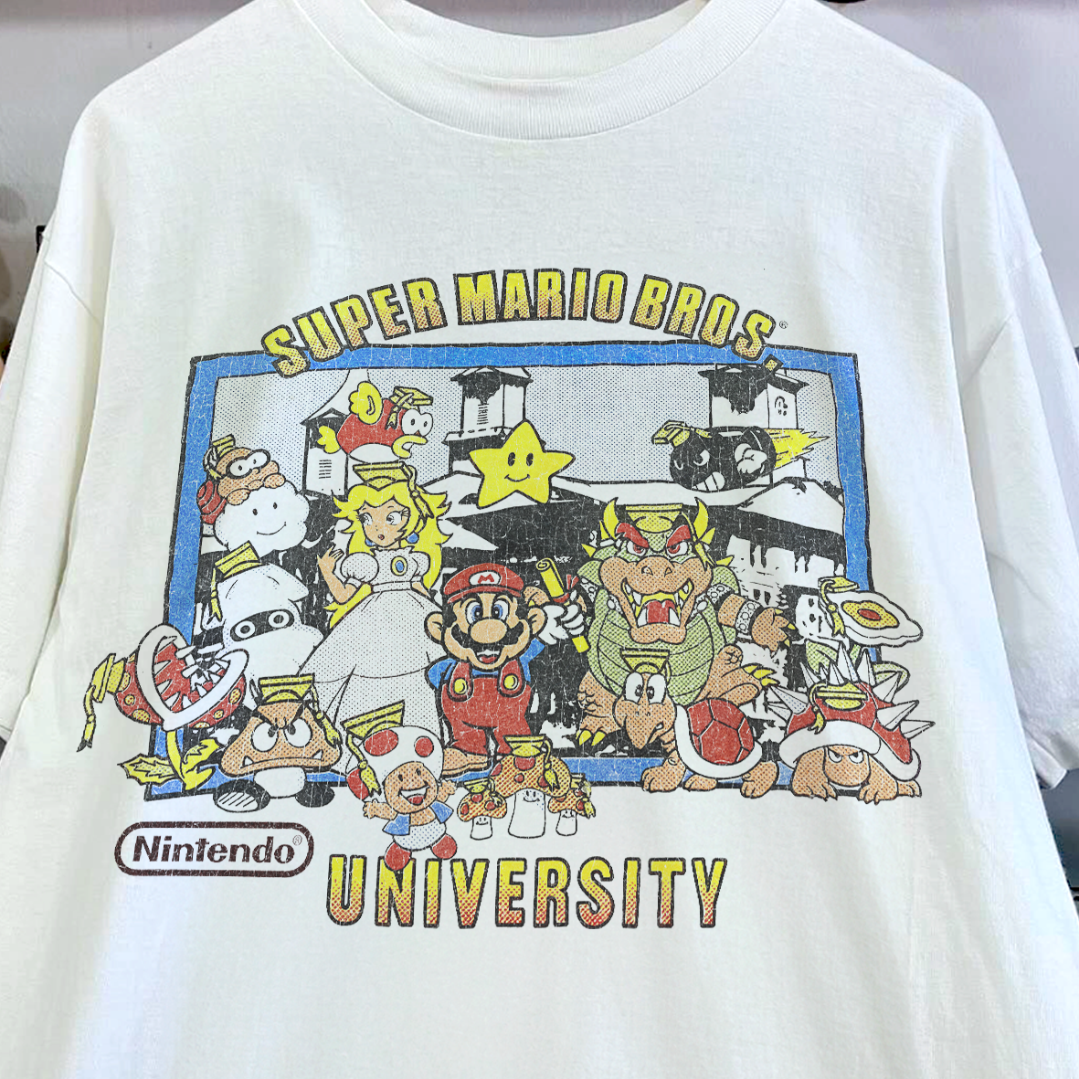 ’88 SUPER MARIO BROS UNIVERSITY RARE WASHED WHITE T-SHIRT
