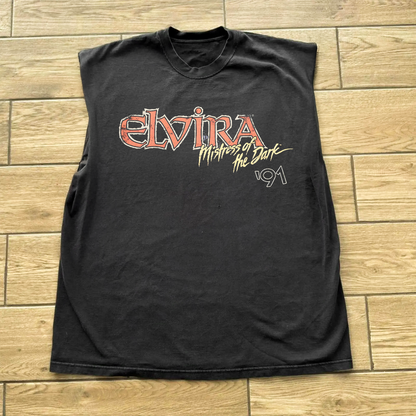 1991 ELVIRA 'FRIGHT LIGHT' VINTAGE BEER WASHED BLACK CUT-OFF TEE