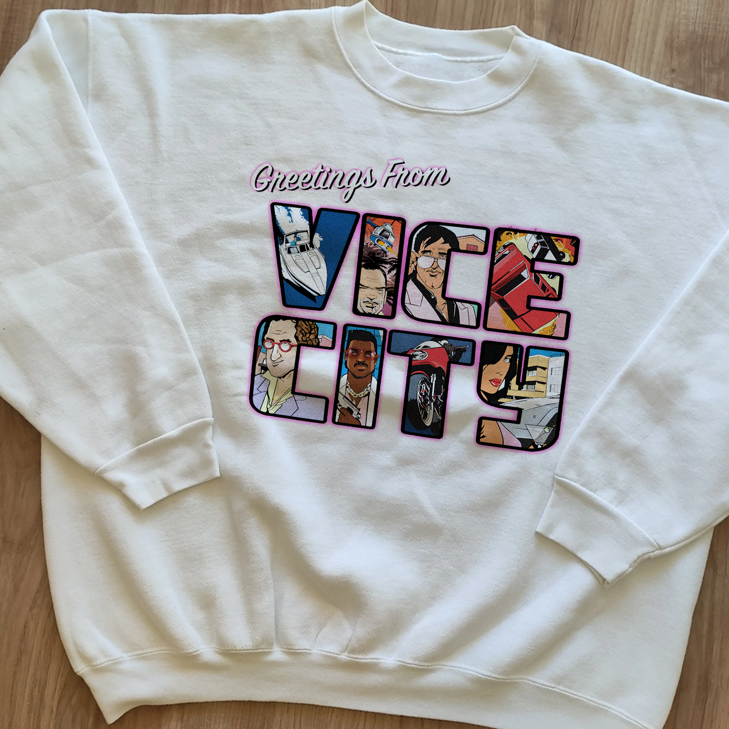 'GREETINGS FROM VICE CITY' WHITE CREWNECK SWEATER