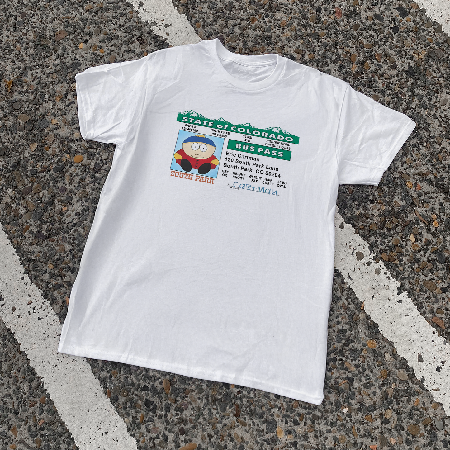 90s OG CARTMAN 'BUS PASS' VINTAGE WASHED WHITE TEE