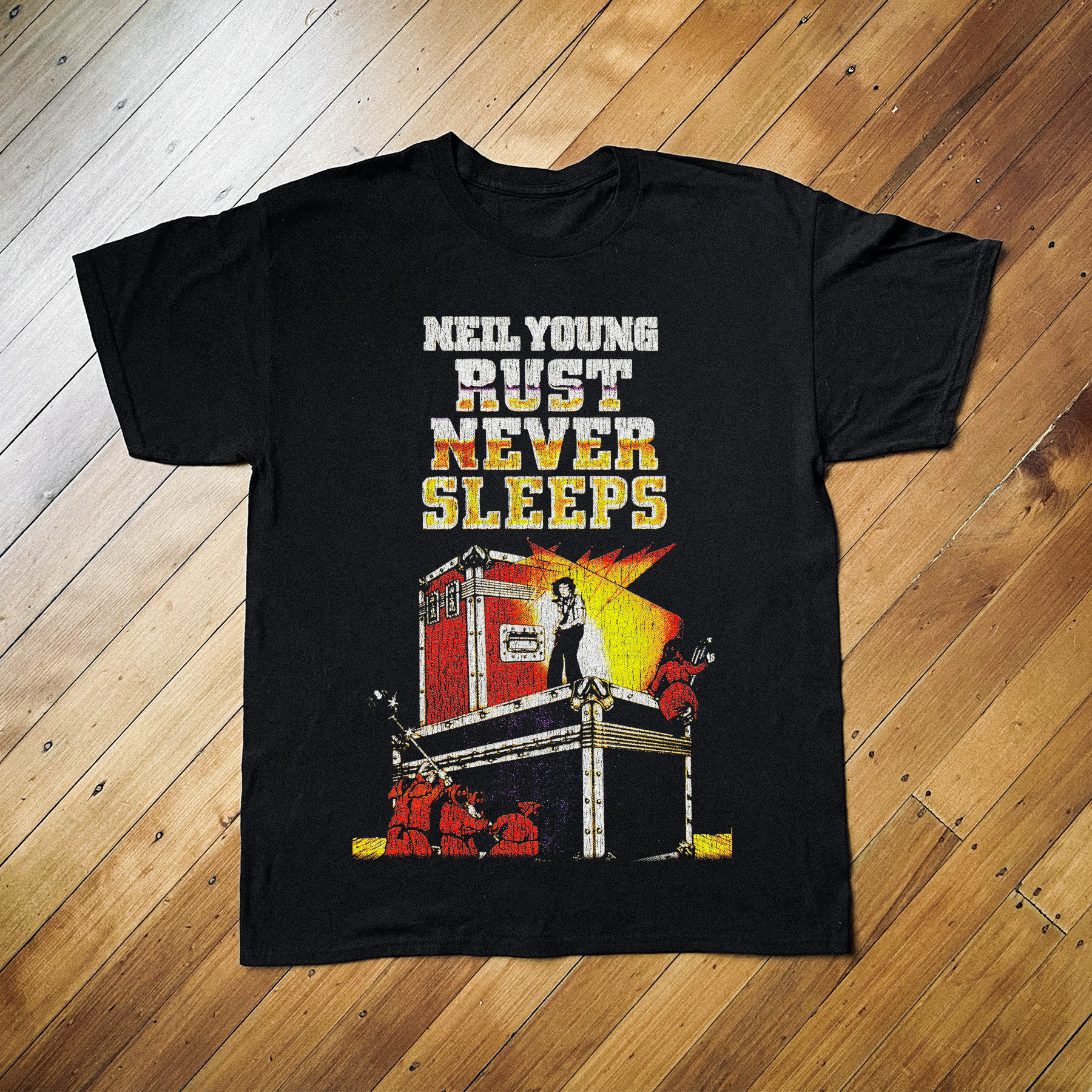 NEIL YOUNG VINTAGE RUST NEVER SLEEPS PROMO BLACK T-SHIRT