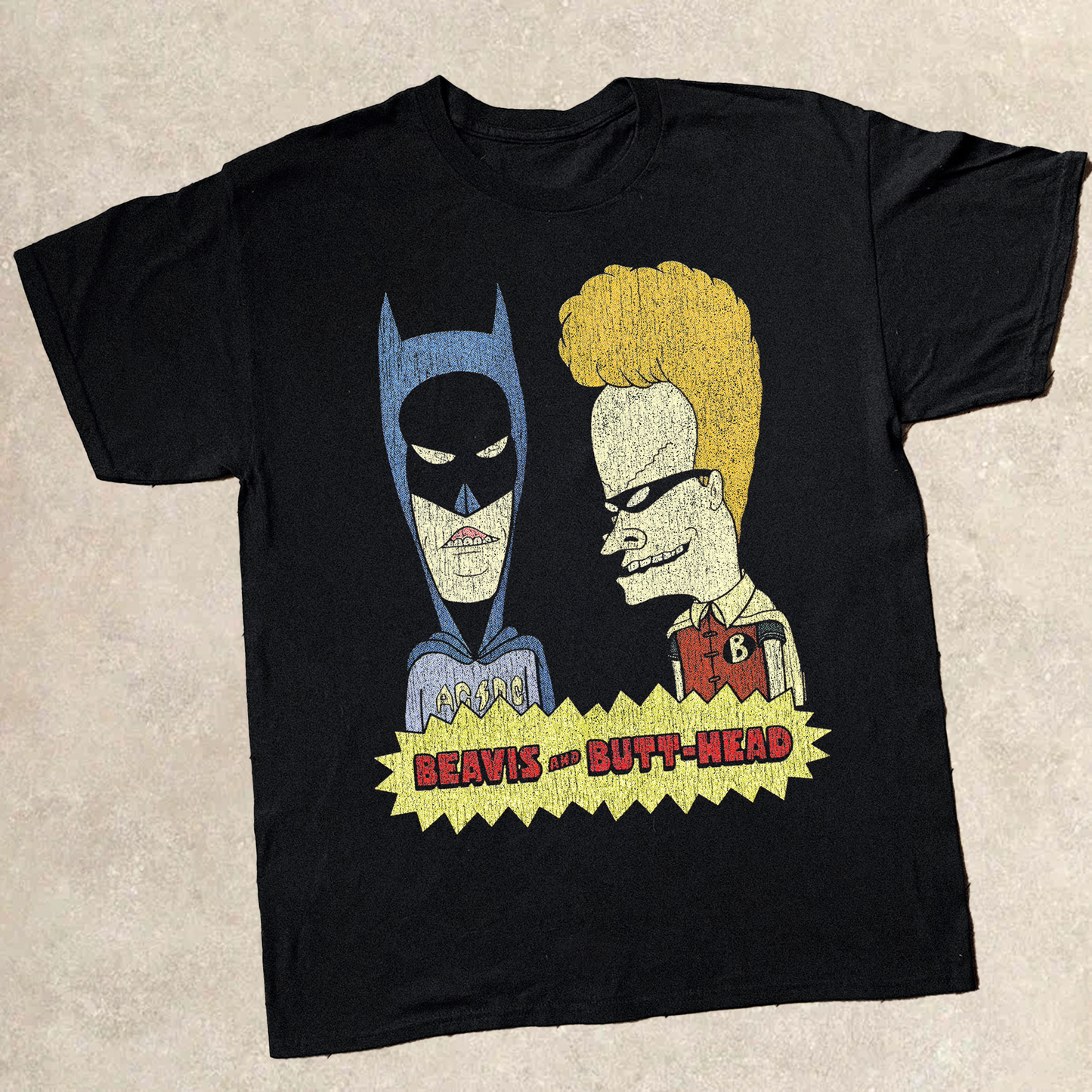 90'S BEAVIS & BUTTHEAD X BATMAN & ROBIN PARODY BLACK T-SHIRT