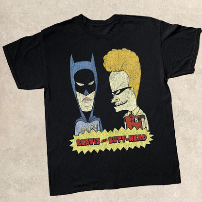 90'S BEAVIS & BUTTHEAD X BATMAN & ROBIN PARODY BLACK T-SHIRT