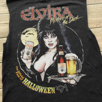 1991 ELVIRA 'FRIGHT LIGHT' VINTAGE BEER WASHED BLACK CUT-OFF TEE