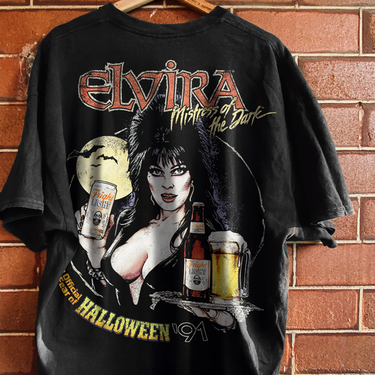 1991 ELVIRA 'FRIGHT LIGHT' VINTAGE BEER VINTAGE WASHED BLACK TEE