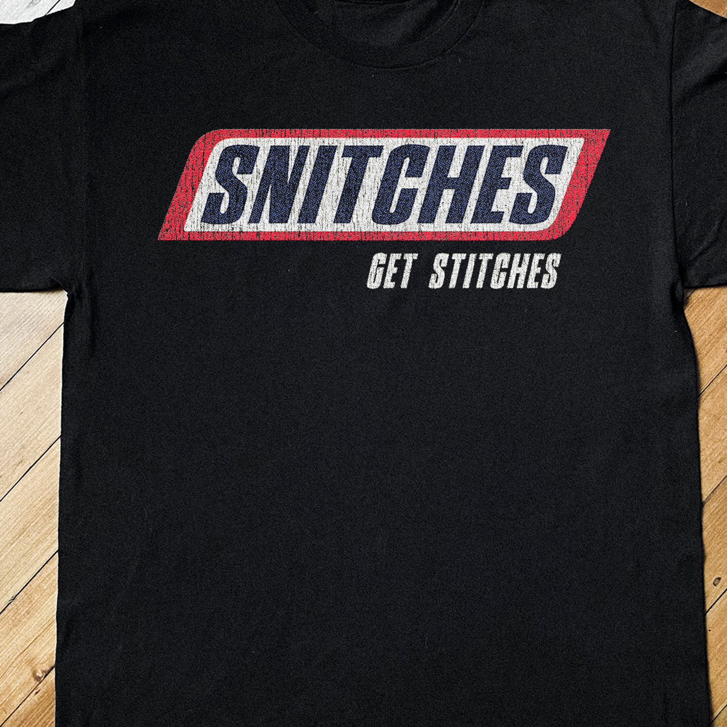 90'S SNITCHES GET STITCHES SNICKERS PARODY VINTAGE BLACK T-SHIRT