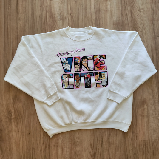 'GREETINGS FROM VICE CITY' WHITE CREWNECK SWEATER