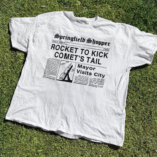 Springfield Shopper 'Rocket Kicks Comet's Tail' Newspaper White Vintage Washed Tee