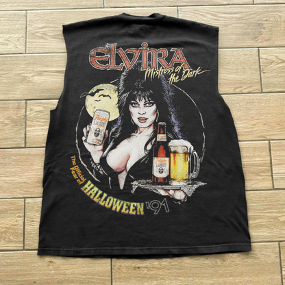 1991 ELVIRA 'FRIGHT LIGHT' VINTAGE BEER WASHED BLACK CUT-OFF TEE