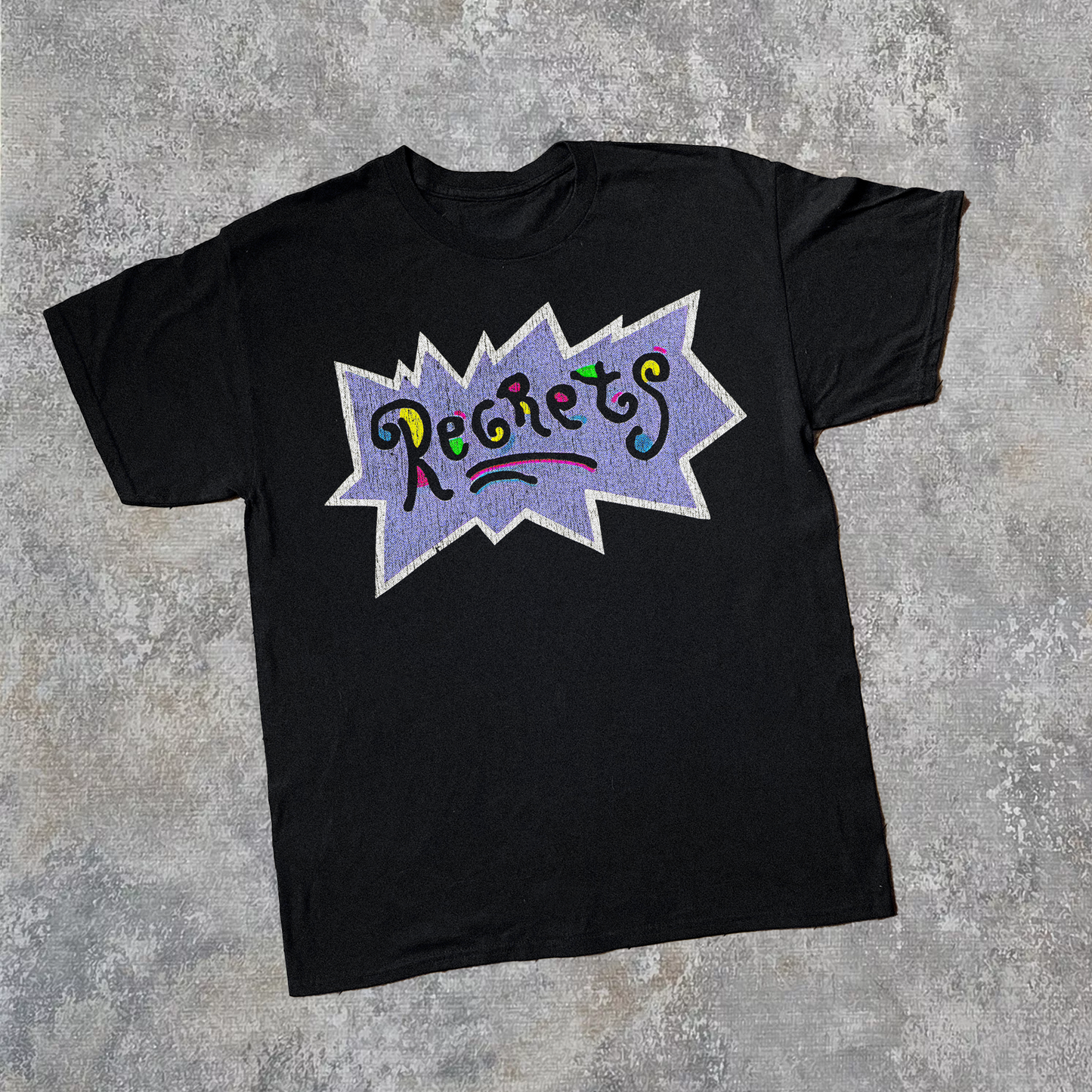 REGRETS PARODY VINTAGE BLACK T-SHIRT