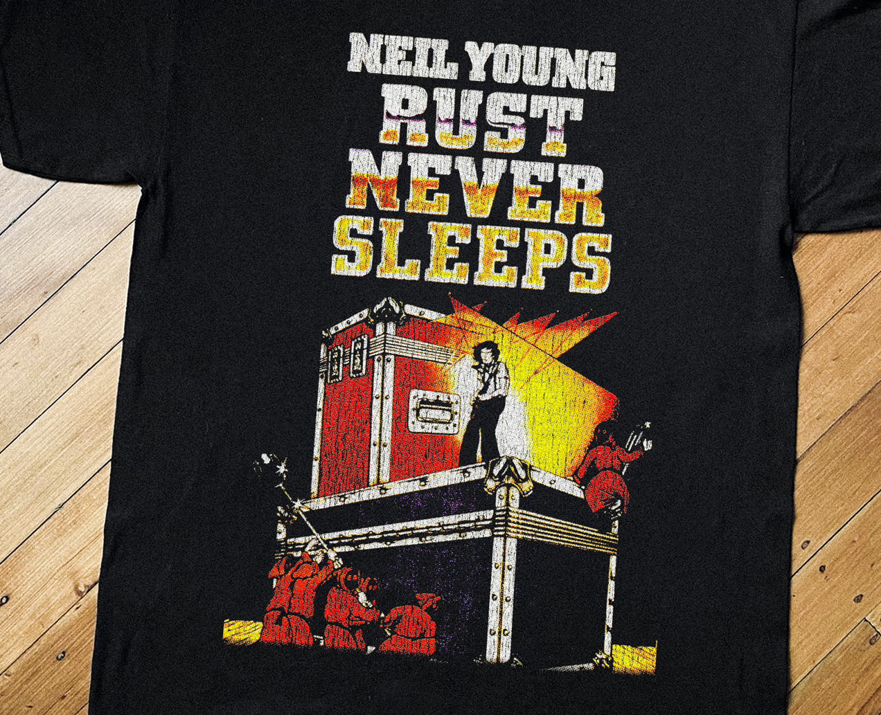 NEIL YOUNG VINTAGE RUST NEVER SLEEPS PROMO BLACK T-SHIRT