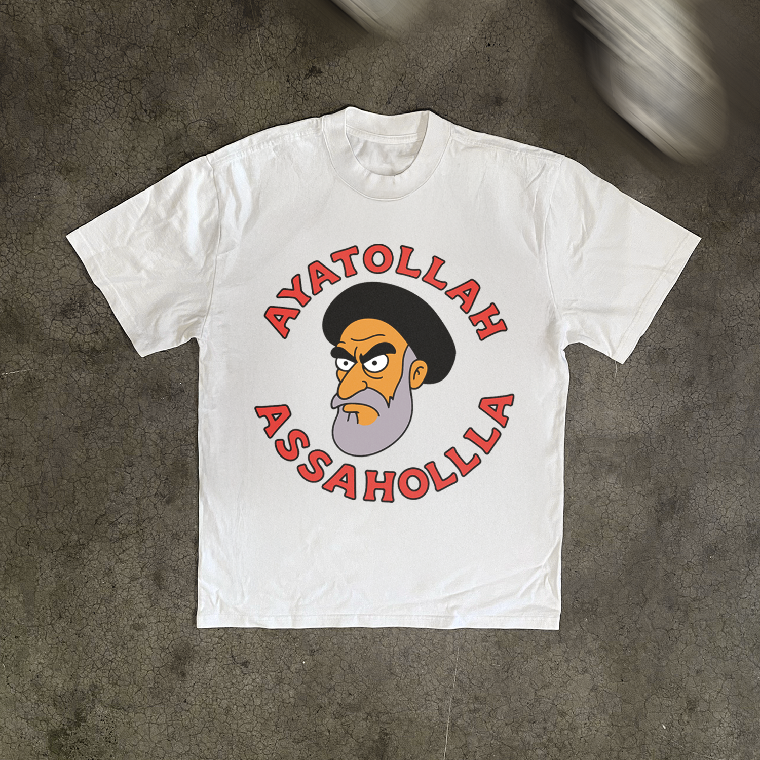 'AYATOLLAH ASSAHOLA' WASHED WHITE T-SHIRT
