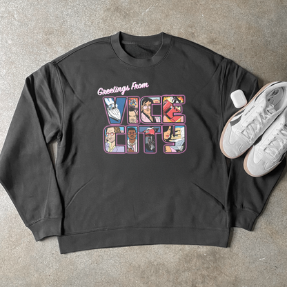 'GREETINGS FROM VICE CITY' BLACK CREWNECK SWEATER