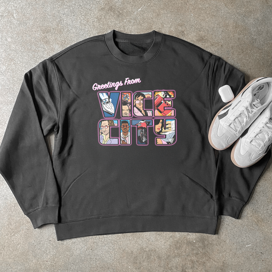 'GREETINGS FROM VICE CITY' BLACK CREWNECK SWEATER